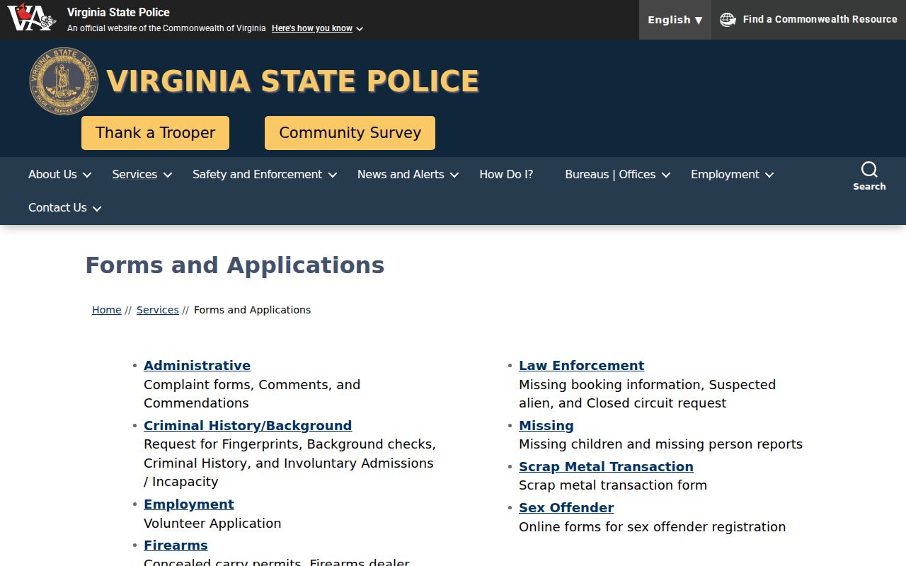 Virginia State Police forms for Pittsylvania County arrest history review