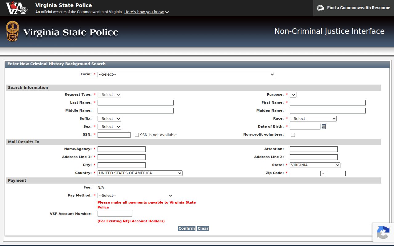 VSP NCJI portal for Pittsylvania County arrest history self-review