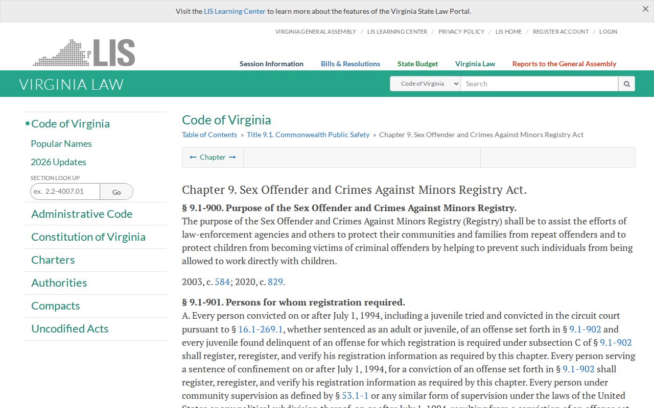 Virginia registry law for a Pittsylvania County sex offender check